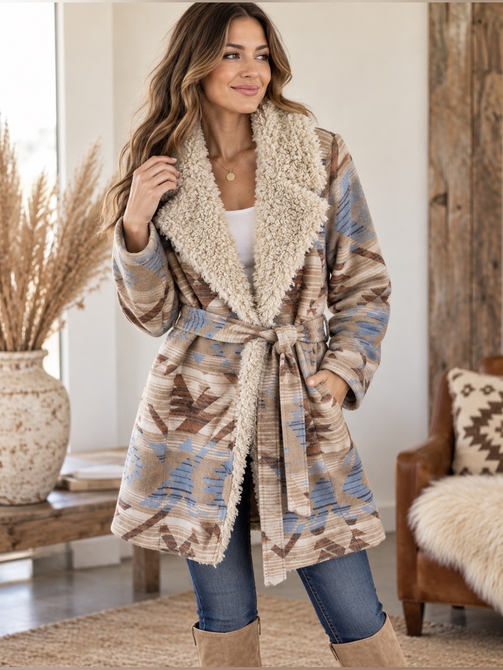 NWT Idyllwind Miranda Lambert Southwestern Print Belted Coat Faux Fur Collar